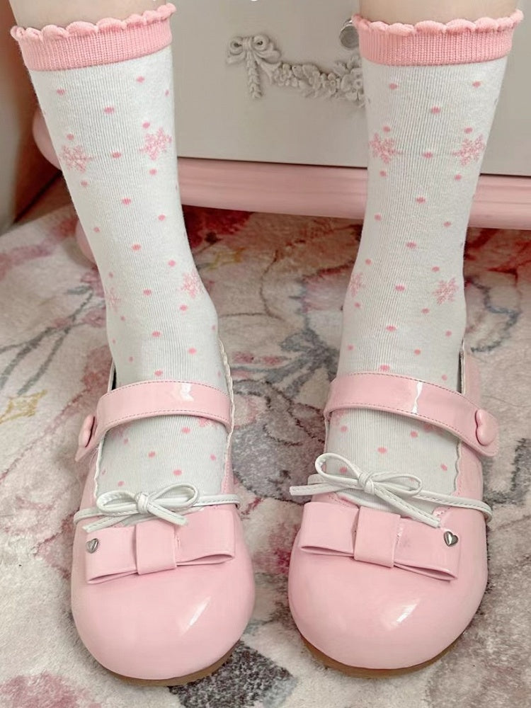Pink Snowflakes Print Polka-dot Pattern Lolita Calf Socks