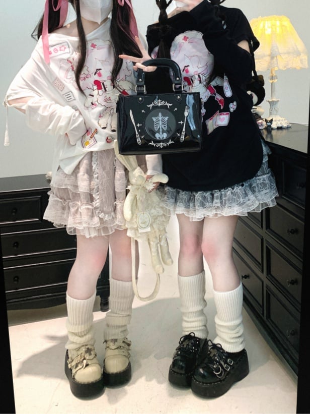 Bunny Ears Design Black/White/Pink Double-Layered Jirai Kei Lace Skirt