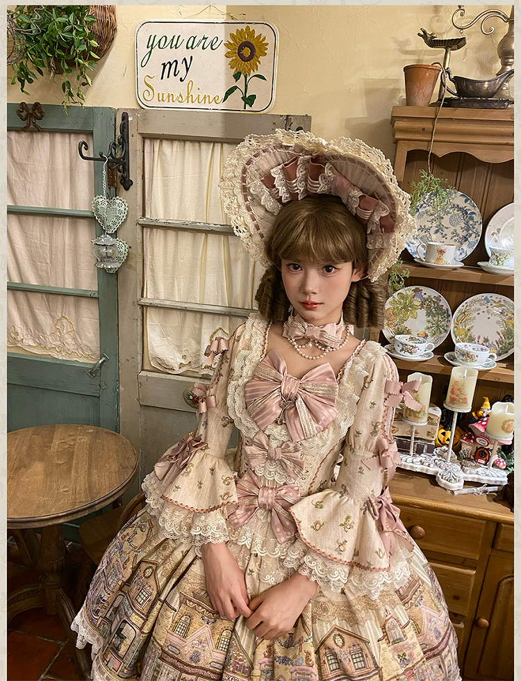 Fairytale Town Theme Cream-colored Square Neckline Sweet Lolita Dress with Bow Accents