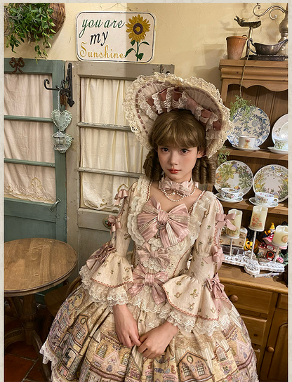 Fairytale Town Theme Cream-colored Square Neckline Sweet Lolita Dress with Bow Accents