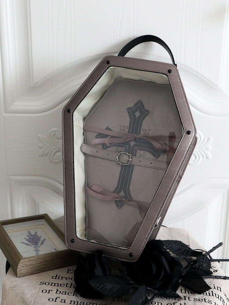 Gray Cross Decorated Coffin-Shaped 1/6 Scale BJD Doll Bag with Two Straps