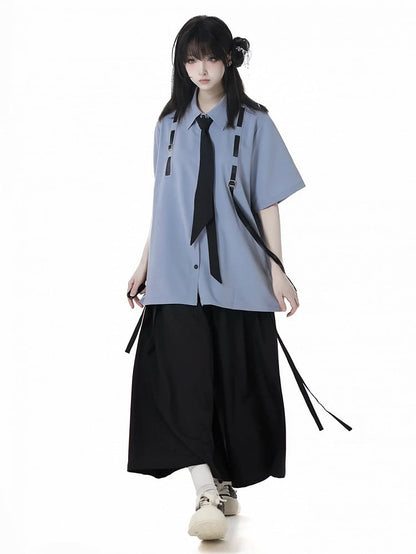 Blue Preppy Style Short Sleeves Shirt with Free Tie