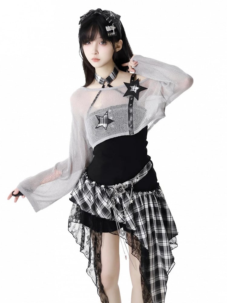 Black/Gray Star Strap Distressed Holes Punk Rock Hollow-Out Cropped Coverup