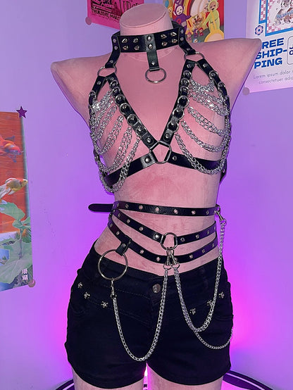 Black Punk Studs Details PU Chest Chain