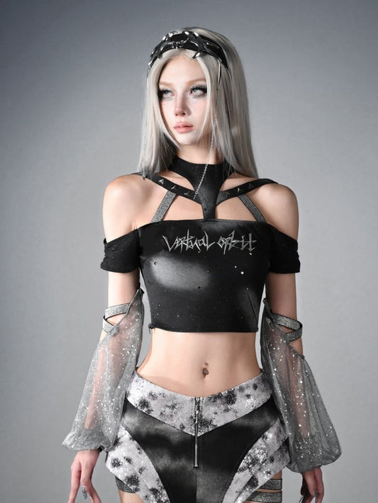 Y3K Fashion Futuristic Black Halter Neck Cyberpunk Cropped Top with Detachable Sleeves