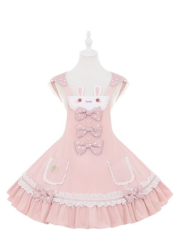 Bunny Ears Design Hood Pink Sweet Lolita Jumper Skirt Polka-dot Bowknot Details on Waist