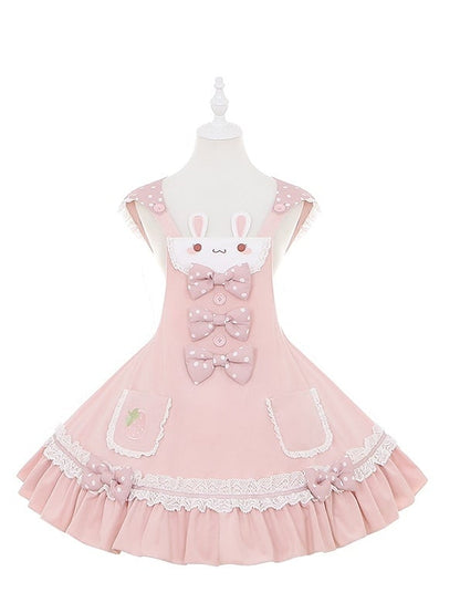 Bunny Ears Design Hood Pink Sweet Lolita Jumper Skirt Polka-dot Bowknot Details on Waist
