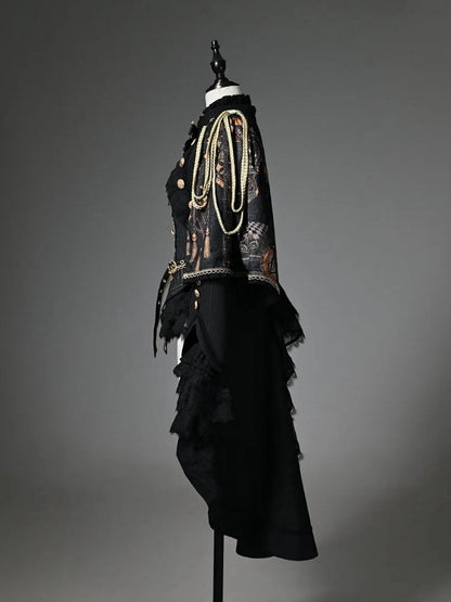 Ouji Fashion Lolita Knight Outfit - Black Long Sleeves Top + Black One-shoulder Cape Tailcoat
