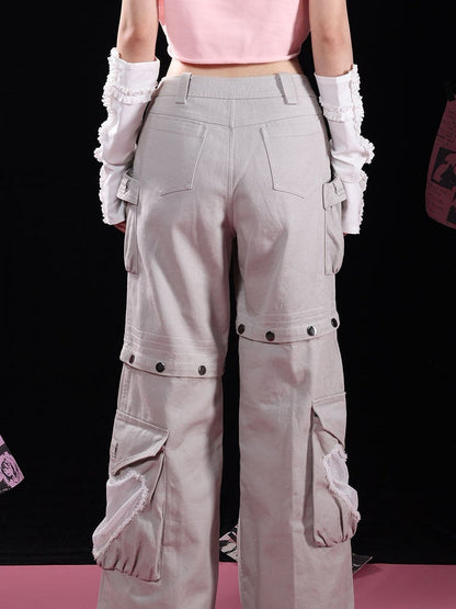 Star-shaped Studs Gray Cargo Pockets Detachable Jeans