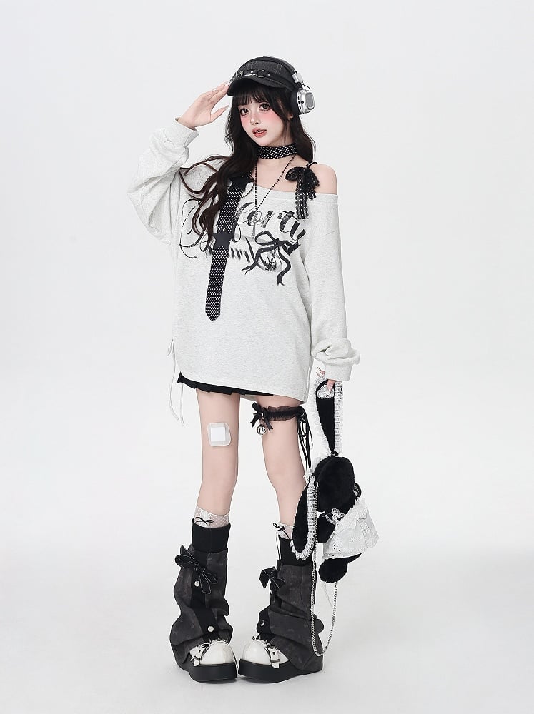 Light Gray Asymmetrical Neckline Letter Print Loose Sweatshirt