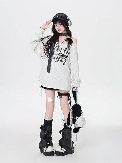 Light Gray Asymmetrical Neckline Letter Print Loose Sweatshirt