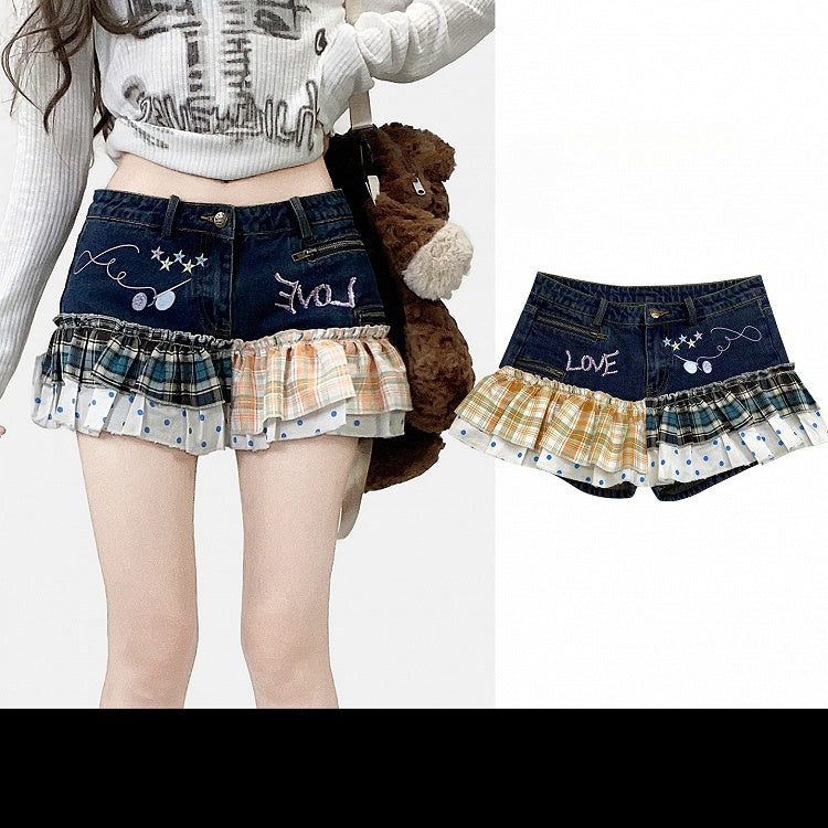 Blue Y2K Plaid And Polka-dot Pattern Shorts + Orange Plaid Pattern Letter Print Accessory