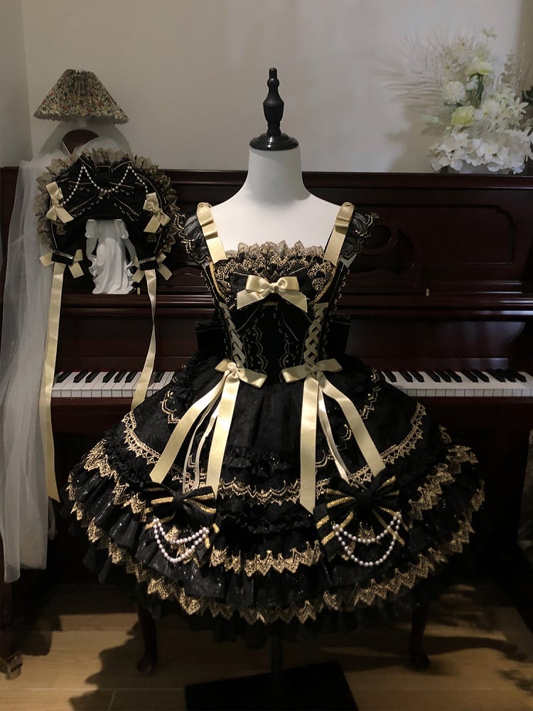 Black Bead Chain Bows Decorated Tiered Skirt Princess Lolita Dress