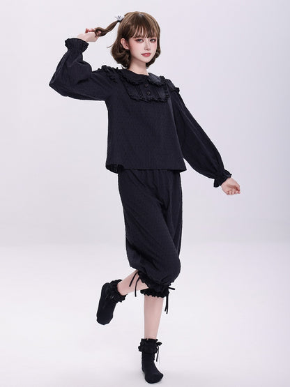 Plus Sizes Available Black Elastic Waist and Scalloped Eyelet Trim Cuffs Lolita Bloomer Pants