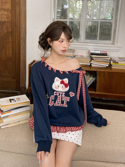 Red Plaid Self-tie Straps at Asymmetrical Neckline Kitty Embroidery Applique Navy Blue Sweatshirt