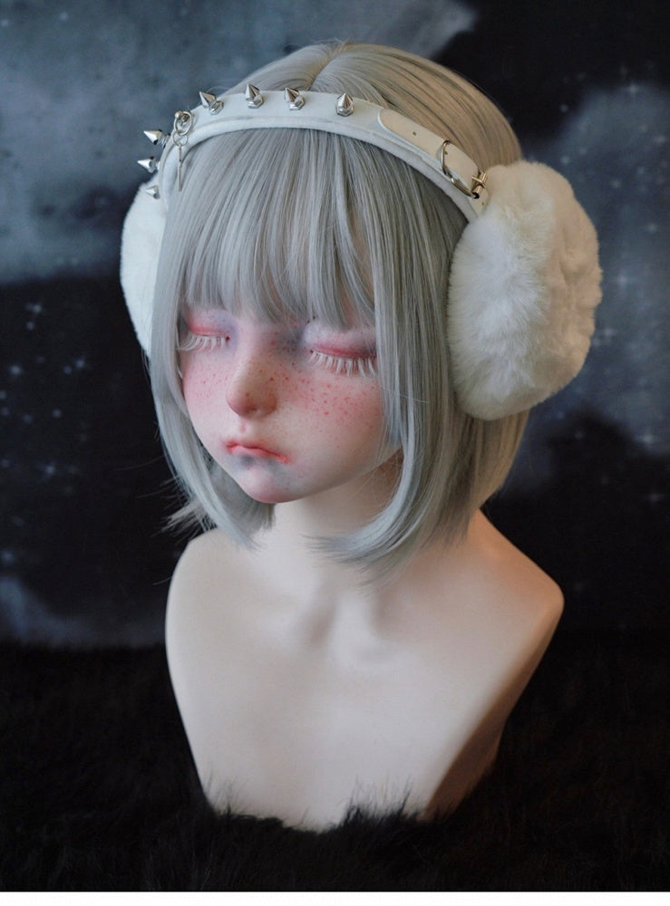 White Handmade Studs Cross Buckle Plush Earmuffs