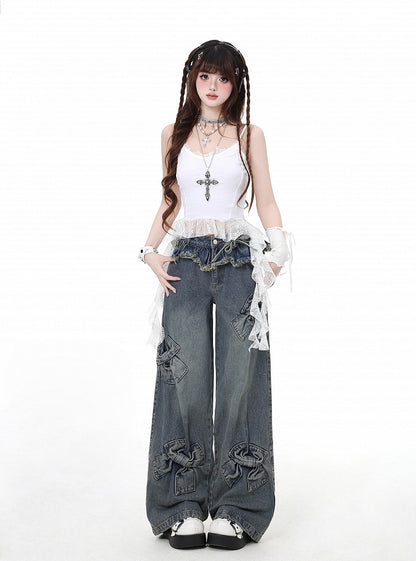 Blue Big Bows Raw Hem Wide-Leg Jeans