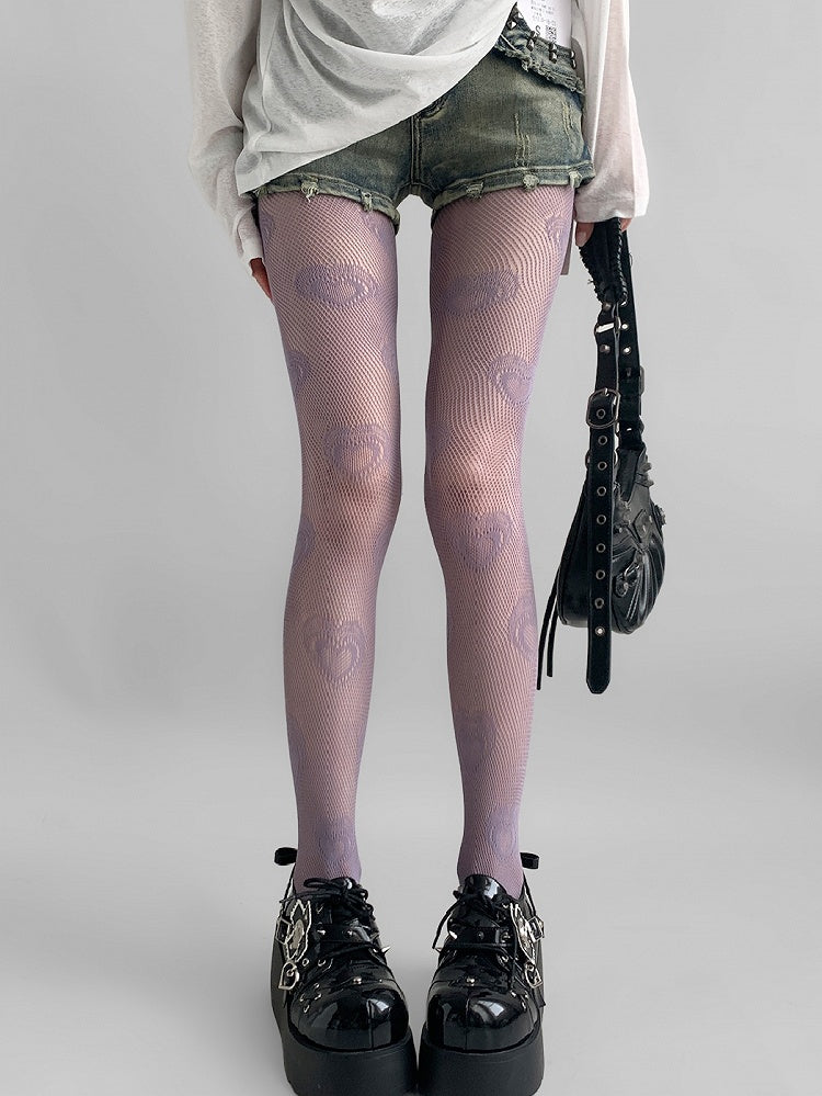 Purple/Beige/Red Heart Print Hollow-out Design Tights