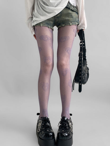Purple/Beige/Red Heart Print Hollow-out Design Tights