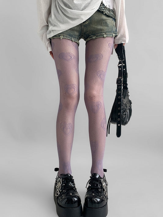 Purple/Beige/Red Heart Print Hollow-out Design Tights