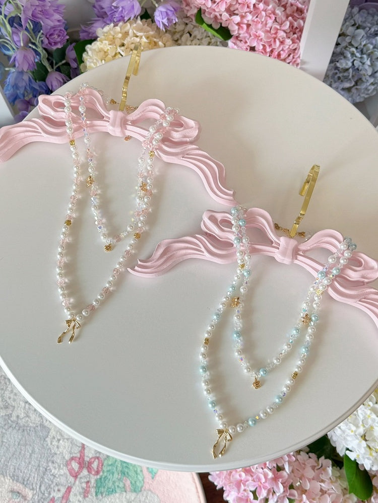Pink/Blue Bowknot And Floral Pendant Beaded Necklace