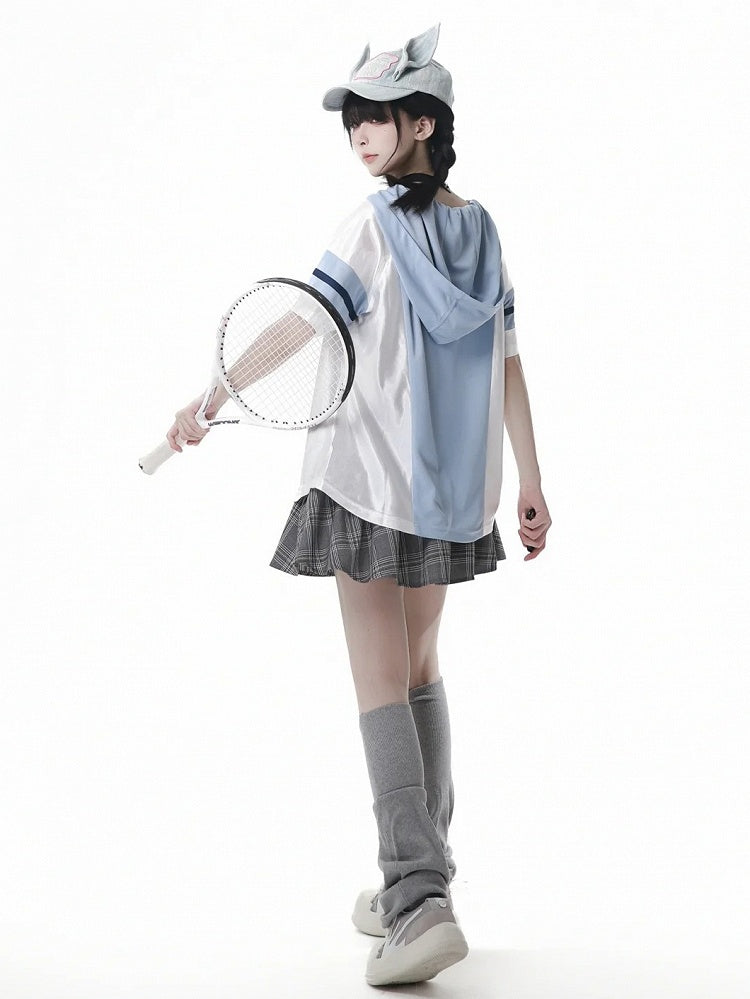 Blue Colorblock Design V-neck Blokette Core Hooded T-shirt