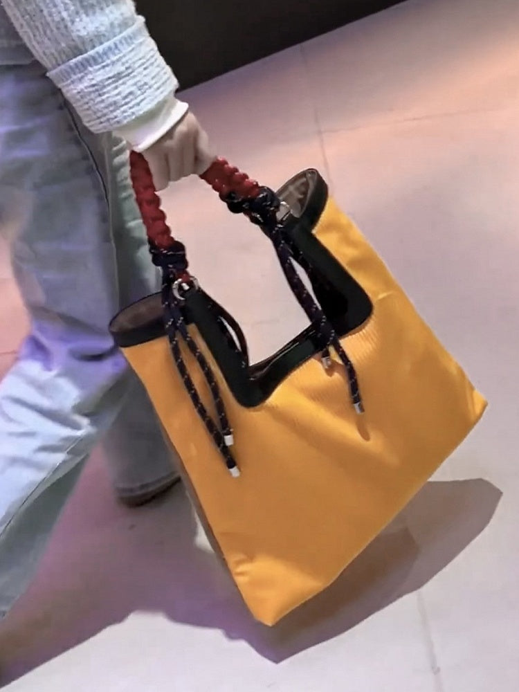 Sunny Yellow Woven Strap Corduroy Tote Bag With Large Capacity