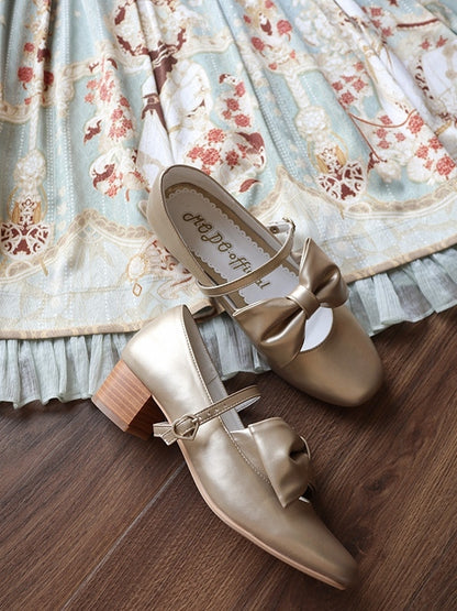 Mid-heel Golden Mary Janes with Mid-heel - Bow at Top & Heart Buckle