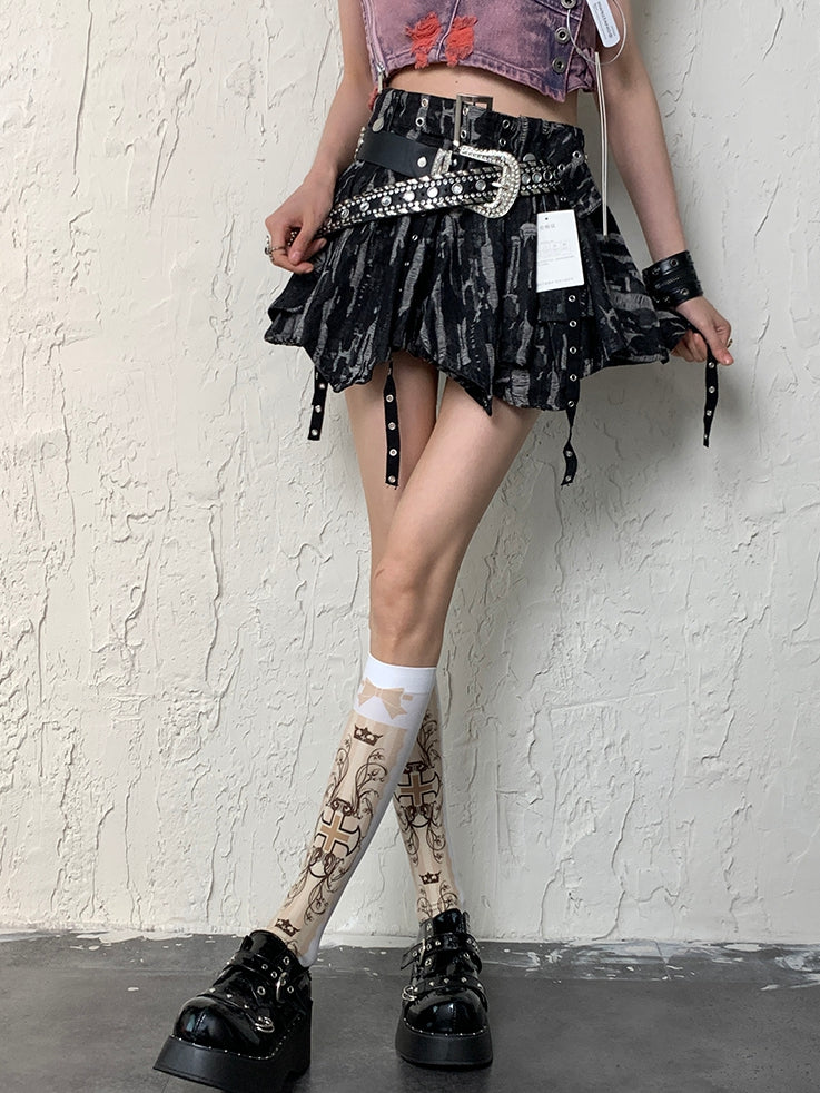 White Y2K Cross And Bowknot Print Underknee Stockings