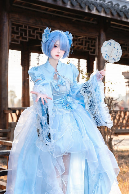 Plus Sizes Available Blue Princess Lolita Boned Waist Top + High-low Skirt Full Set