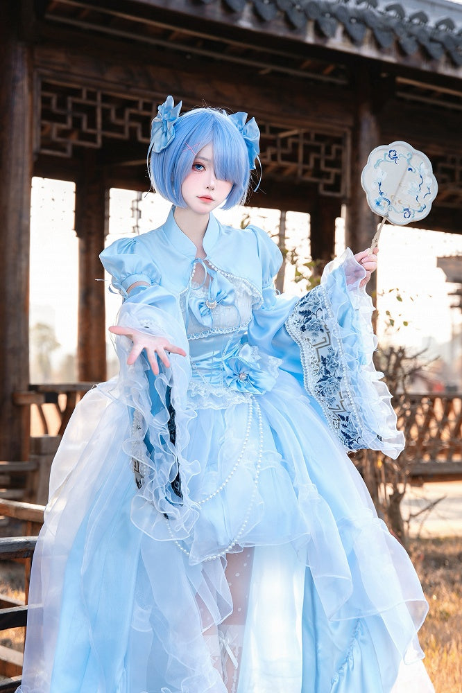 Plus Sizes Available Blue Princess Lolita Boned Waist Top + High-low Skirt Full Set