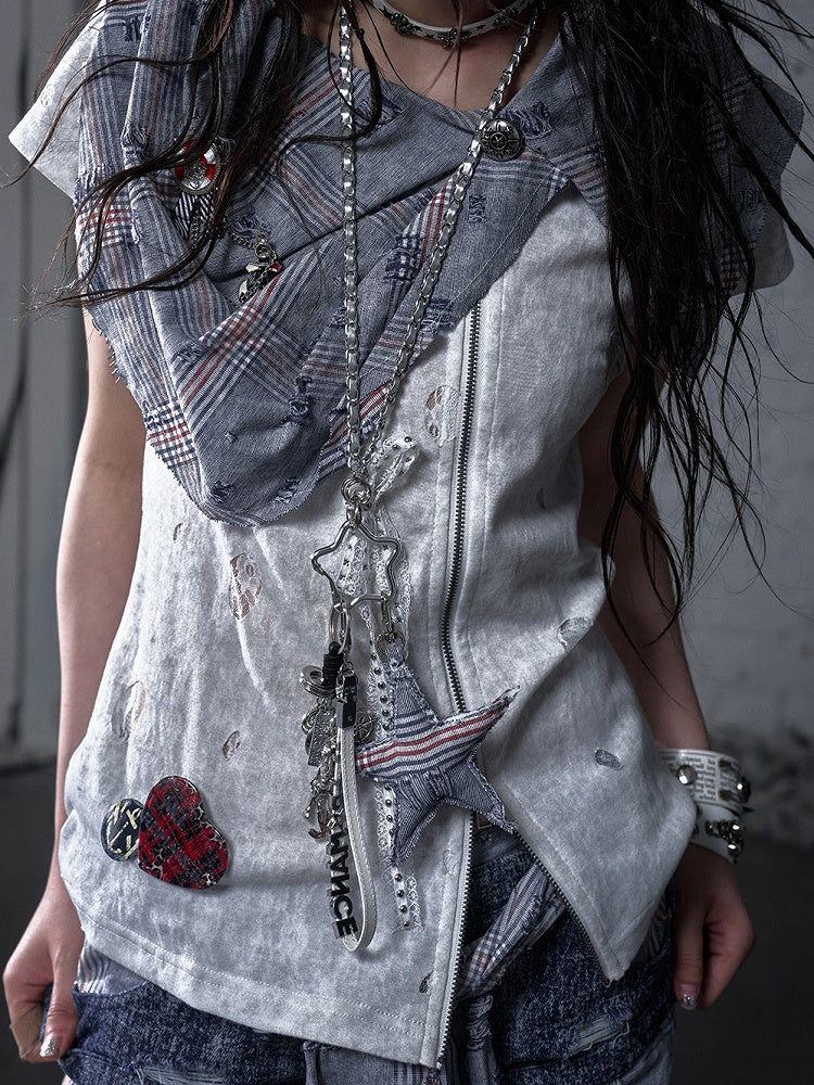 Blue and White Plaid Distressed Holes Navycore Zipper T-shirt Faux Two-pieces