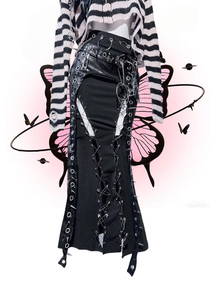 Black Punk Ring Stud Pin Detail Thigh-high Slit Mermaid Skirt with PU Buckle Belt