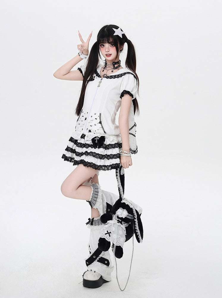 Bunny Ears Design Hood Lace Trim Black/White Jirai Kei Zip-up Jacket