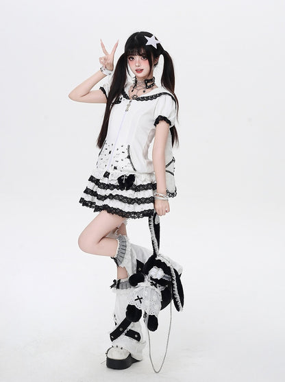 Bunny Ears Design Hood Lace Trim Black/White Jirai Kei Zip-up Jacket