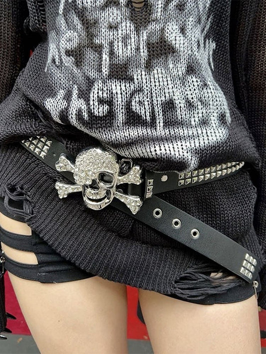 Black/White Rhinestoned Skeleton Design Stud Detail Punk Waist Belt