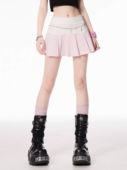 Pink and White Colorblock Design Pleated Skirt