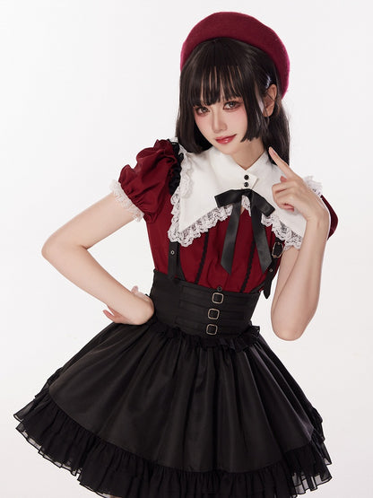 Three Metal Buckles Decorated High Waist Black Jirai Kei Skirt with Removable Straps