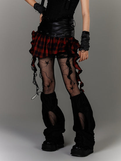 Y2K Asymmetrical Ruffled Red Plaid Hem Black PU Punk Skirt