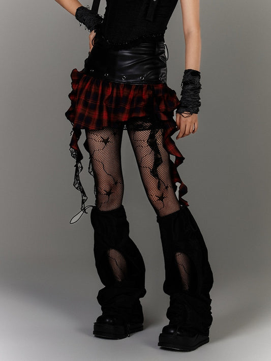 Y2K Asymmetrical Ruffled Red Plaid Hem Black PU Punk Skirt