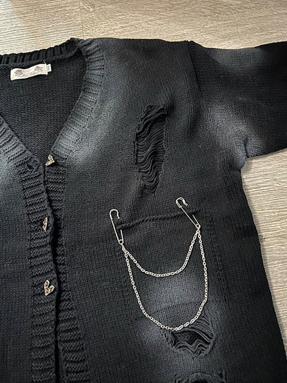 Plus Size Dark Grey Y2K Distressed Holes Loose Cardigan