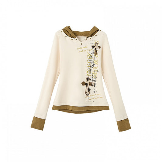 Beige Fake Two-Piece V-Neck Top with Cross Applique