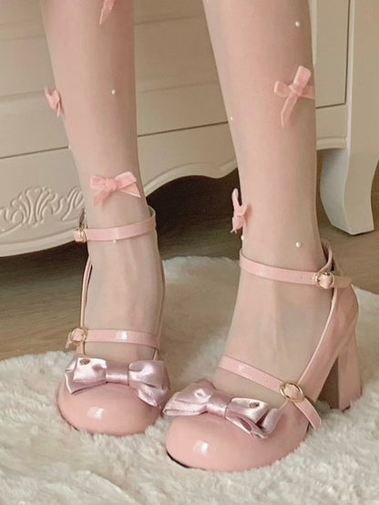 PU Pink Elegant Lolita Mary Janes - High Block Heel & Heart-Adorned Bow