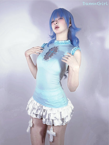 Light Blue Mock Neck Coffin-Shaped Cutout Pastel Goth Sleeveless Top