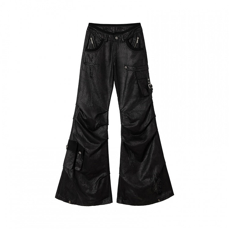 Clearance-Size M for 70CM Black Low-Waist Slim-fitting Flared Cargo Pants