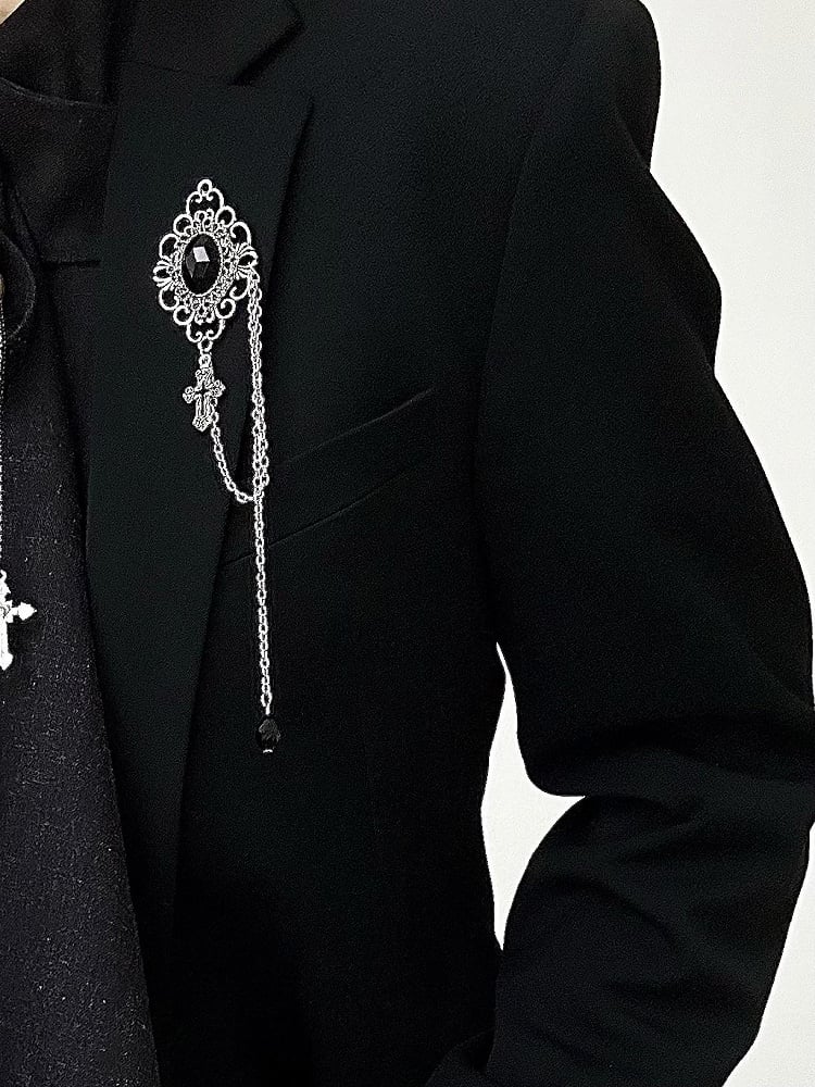 Ouji Lolita Silver Vintage Brooch with Black Obsidian Stone & Cross Charm