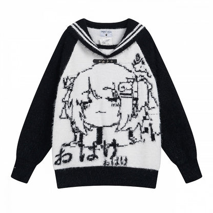 Black/Blue/Pink Sailor Collar Plush Sweater with Cartoon Girl Design - Oversized Fit