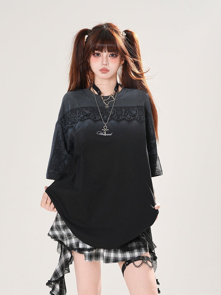 Gradient Black/White Round Neck Loose T-shirt