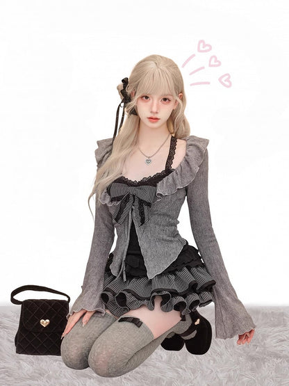 Gray Long Sleeve Knit Cardigan: Ruffled Collar with Tie-Front Closure