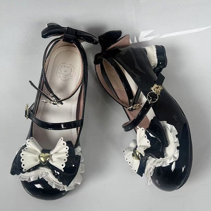 Black Sweet Lolita Mary Janes with Mid-heel - -Bear Heel, Bow Accents & Teddy Fastener
